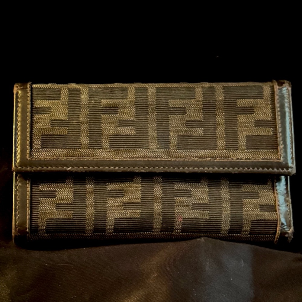SOLD Authentic FENDI Zucca Trifold Zip Wallet Brown Canvas/Leather Made Italy